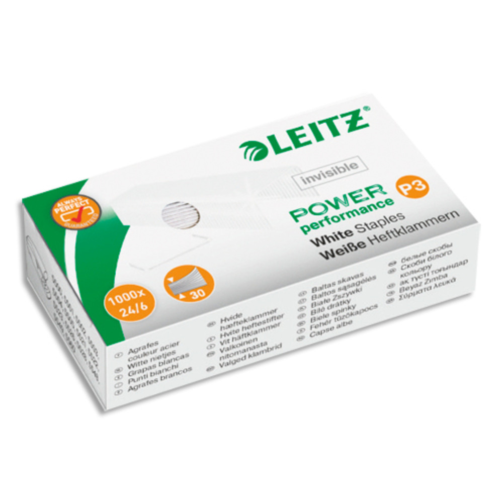 LEITZ Bote de 1000 Agrafes Blanches N24/6 Strong, en acier, Hauteur 6 mm, agrafe jusqu' 30 feuilles