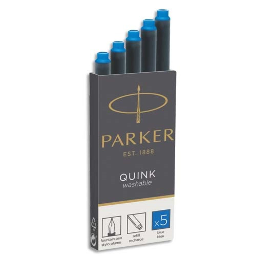 PARKER Etui de 5 cartouches longues QUINK encre Bleue effaable. En blister.