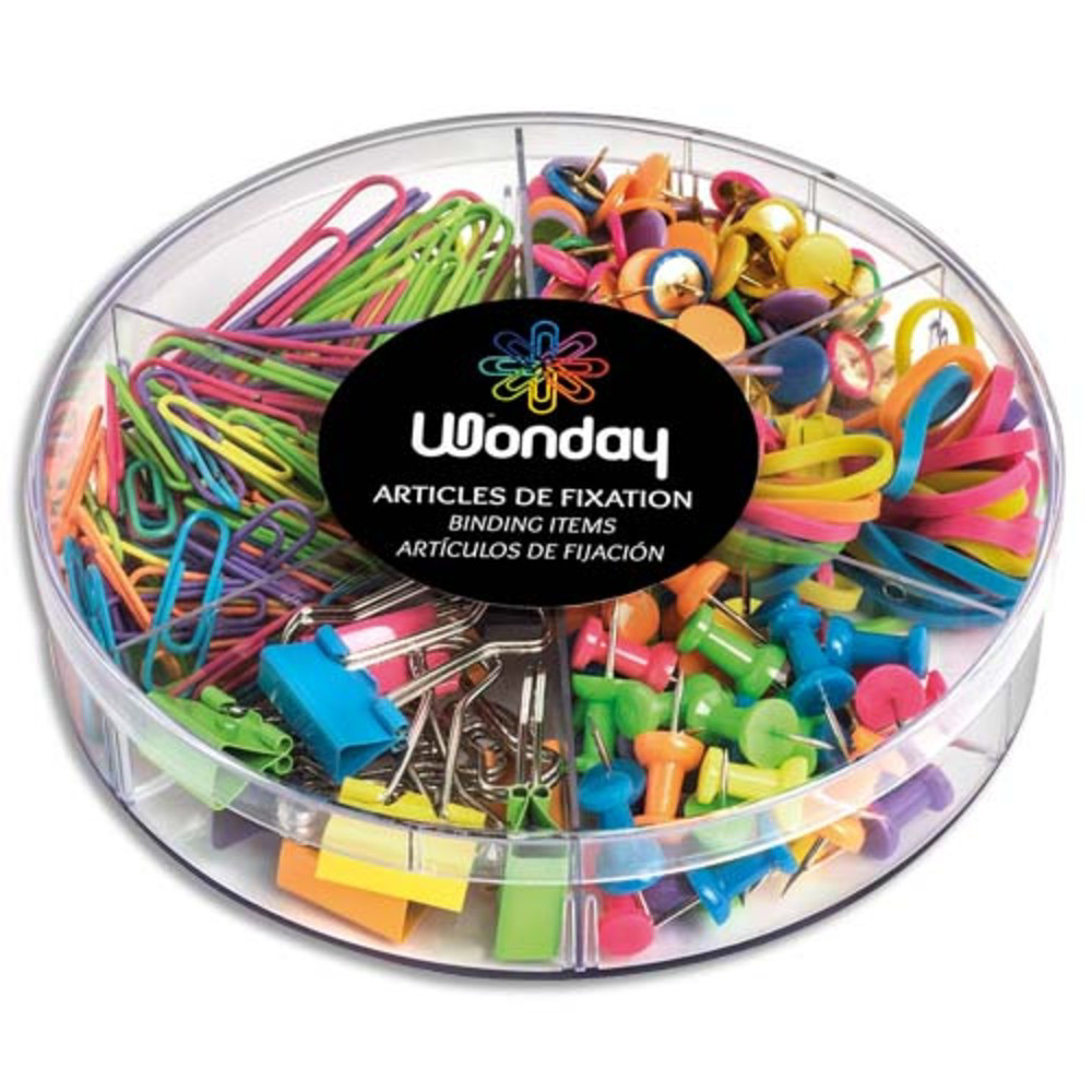 WONDAY Kit de petites fournitures assortis Fun : lastique, punaise, trombone, push pins, pince double