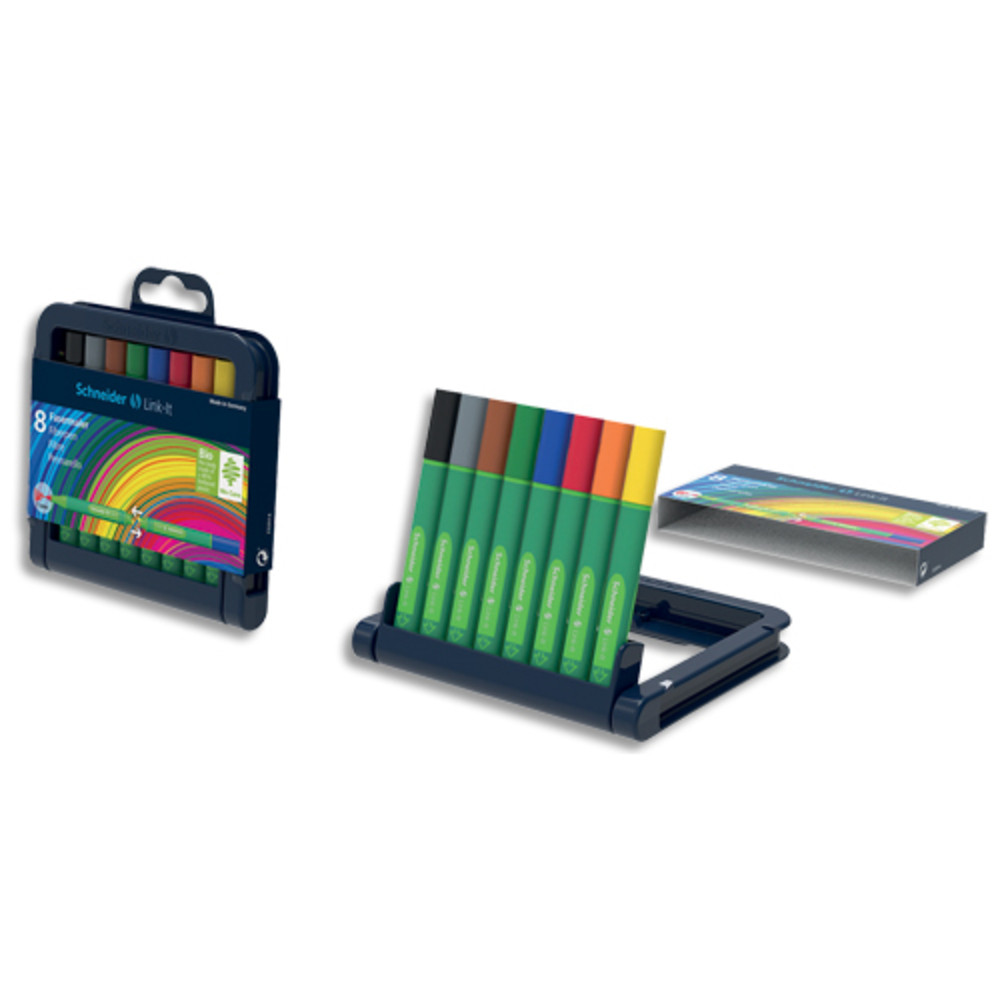 SCHNEIDER Etui chevalet de 8 feutres FINELINER LINK-IT. Pointe fibre 1mm. Assortis.