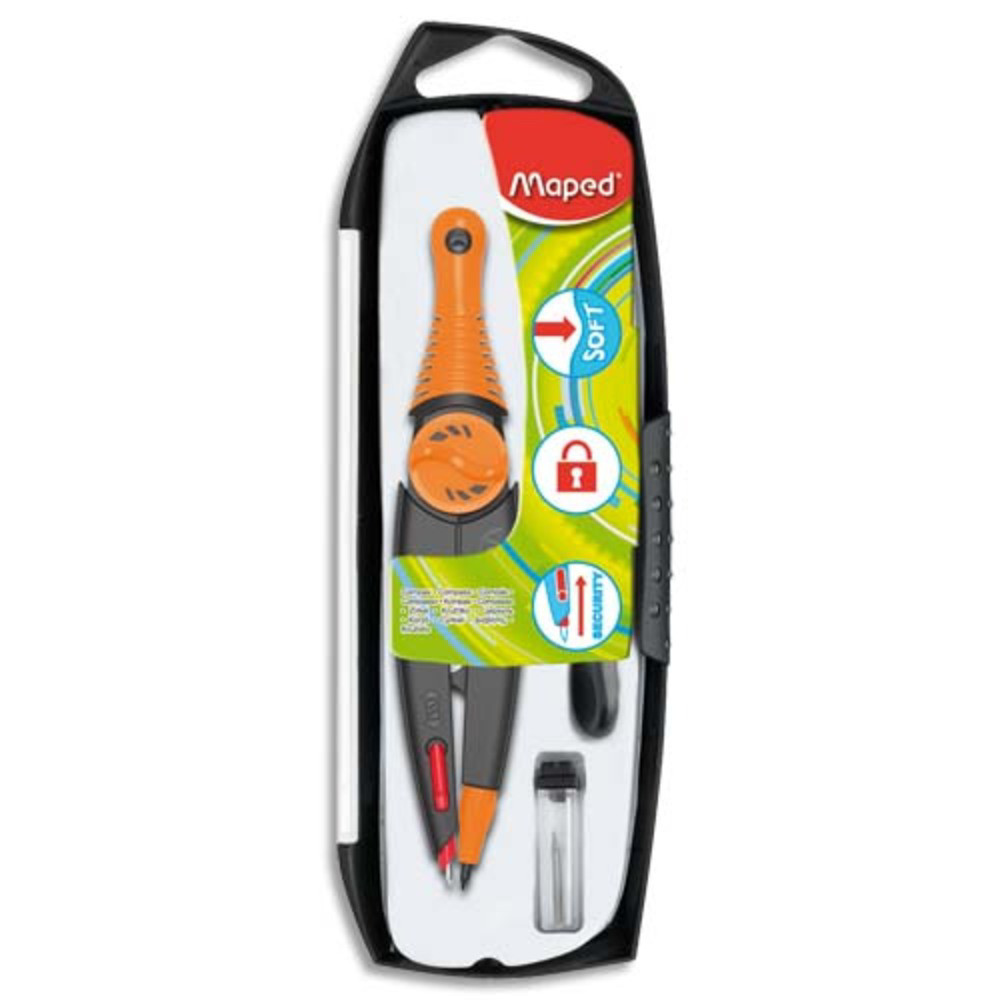 MAPED Stop & Safe - Coffret compas  mine 3 pices - Coloris assortis Bleu, Orange ou Rose