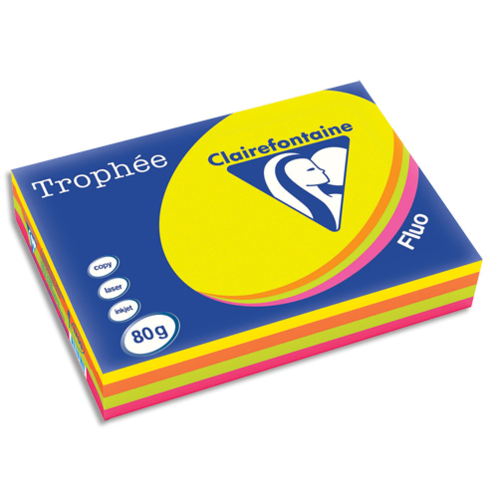CLAIREFONTAINE Ramette 4x125F papier couleur Trophe 80g A3 assortis fluo Rose,Jaune,vert,Orange