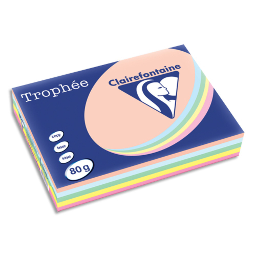 CLAIREFONTAINE Ramette 5x100F papier couleur Trophe 80g A4 assortis pastel Rose,canari,vert,Bleu,Saumon