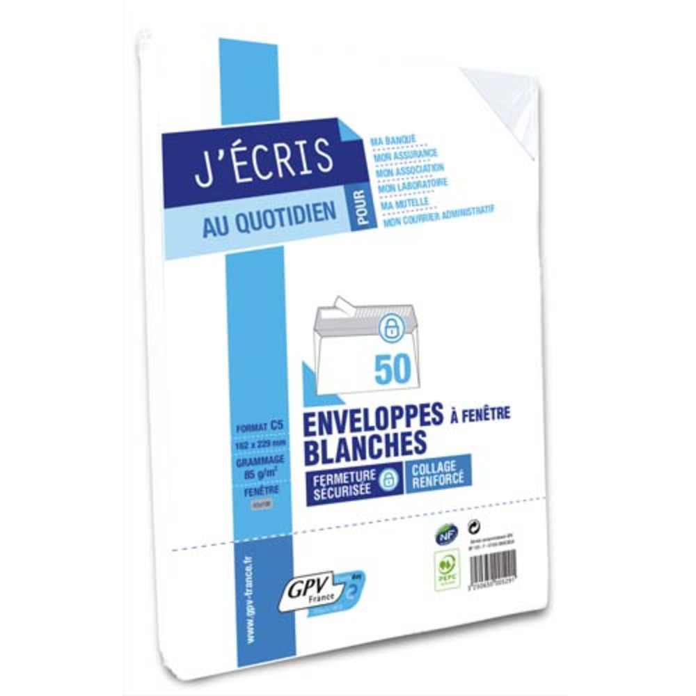 GPV Paquet de 50 enveloppes Blanches auto-adhsives 80 grammes format C5 162x229mm fentre 45x100 rf6627