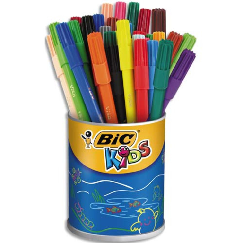 BIC KIDS Visa Feutres de Coloriage  Pointe Fine - Couleurs Assorties, Pot de 36
