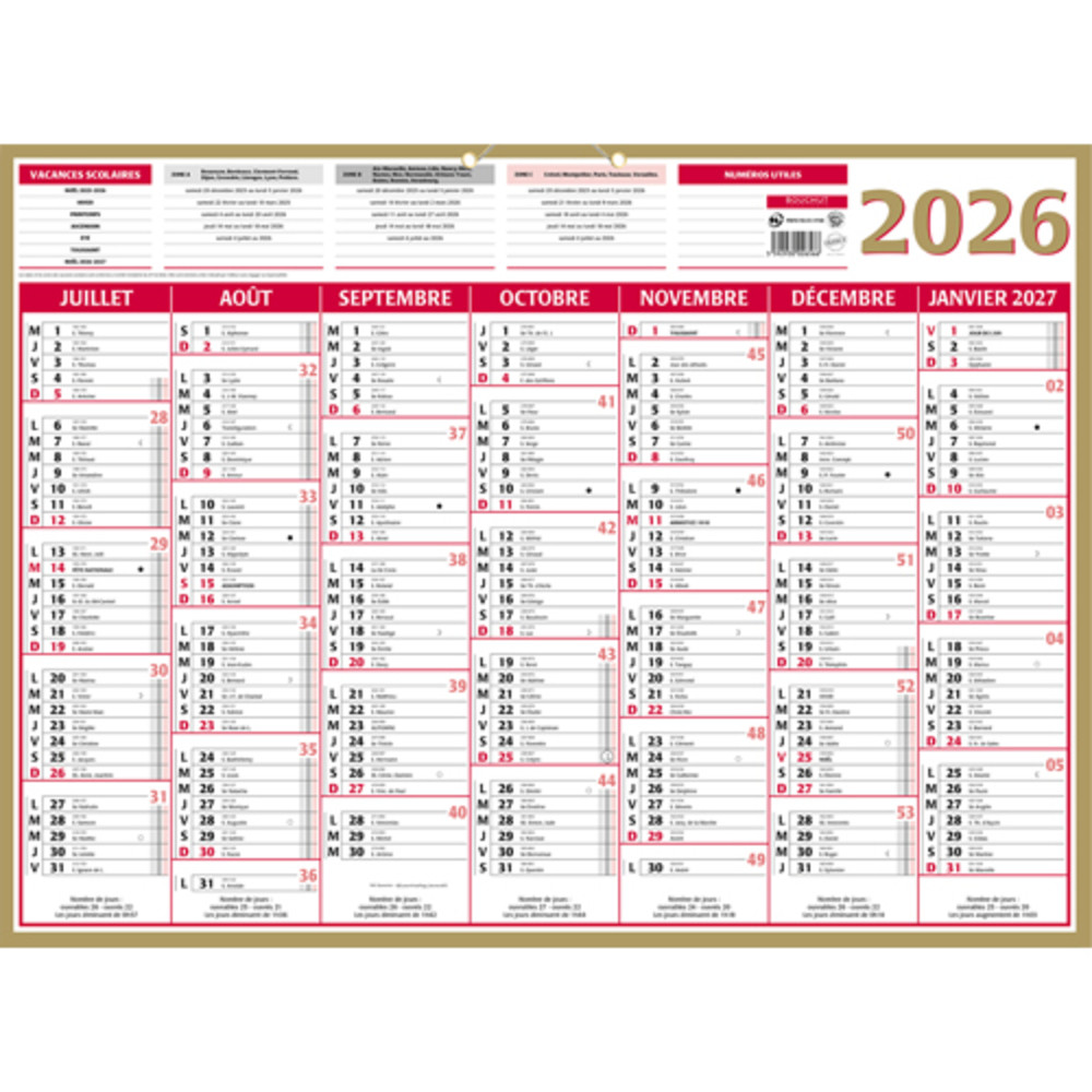 CBG Calendrier QUARANTOR, Janvier  Dcembre, 40,5x55cm, 2 illets et 1 cordonnet