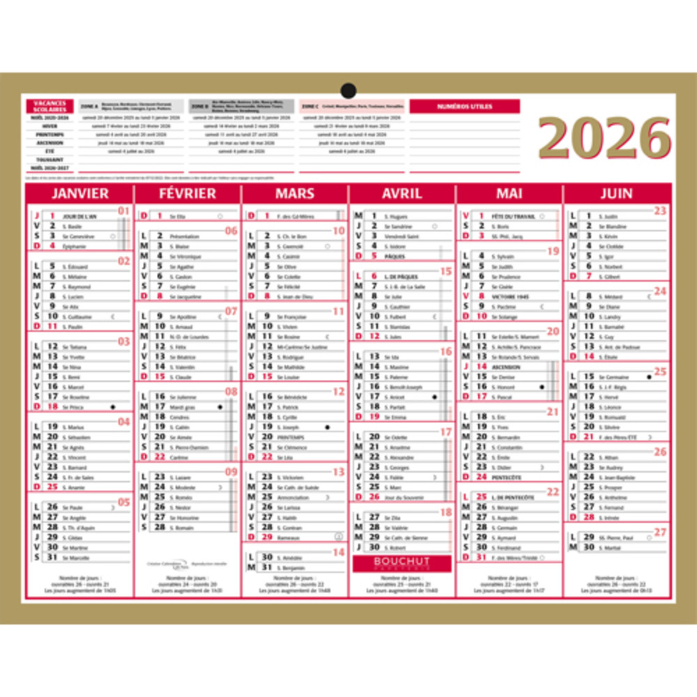 CBG Calendrier LUNOR, Janvier  Dcembre, 21x26,5cm, 1 trou