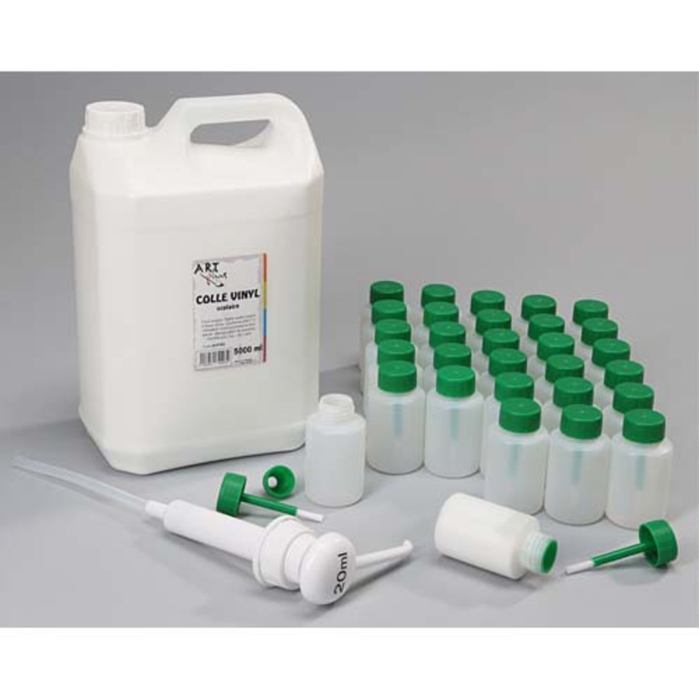 ART PLUS Lot 1 jerrycan 5L de colle vinylique, 1 pompe 20ml, 30 flacons-pinceaux anti verse 80 ml vides