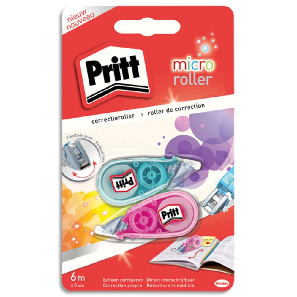 PRITT Blister de 2 mini rollers correction frontal jetable PRITT. Capuchon protection.Dimensions 5mm x 6m