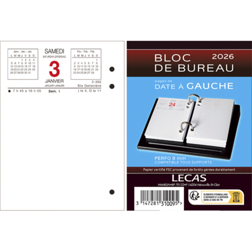 LECAS Bloc phmride date  gauche, Janvier  Dcembre,1 jour par page + note  droite, 8,5x11,5cm