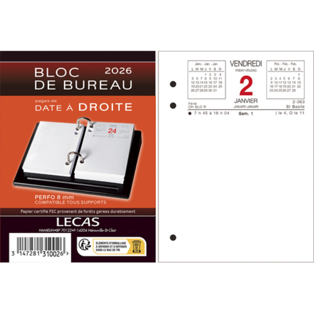 LECAS Bloc phmride date  droite, Janvier  Dcembre, 1 jour par page + note  gauche, 8,5x11,5cm