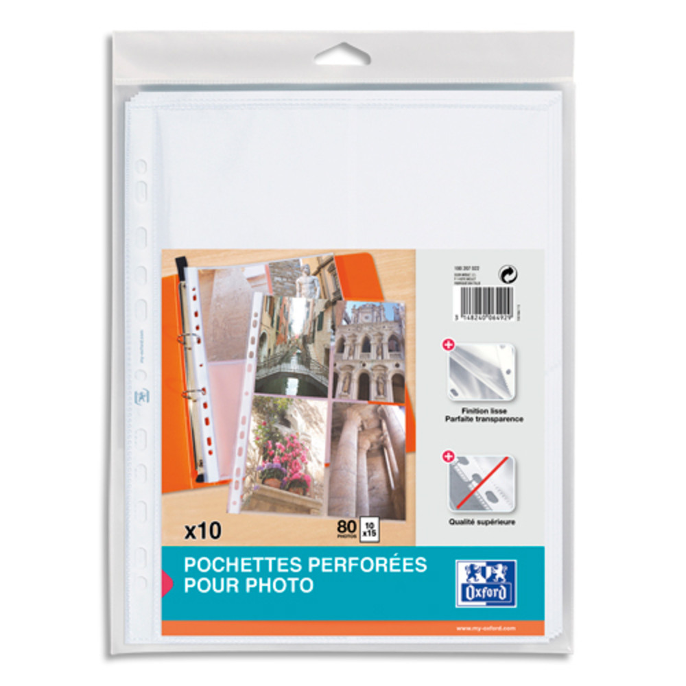 OXFORD Sachet de 10 pochettes perfores en polypro 9/100e. Format A4. 4+4 photos 10x15cm. Incolore