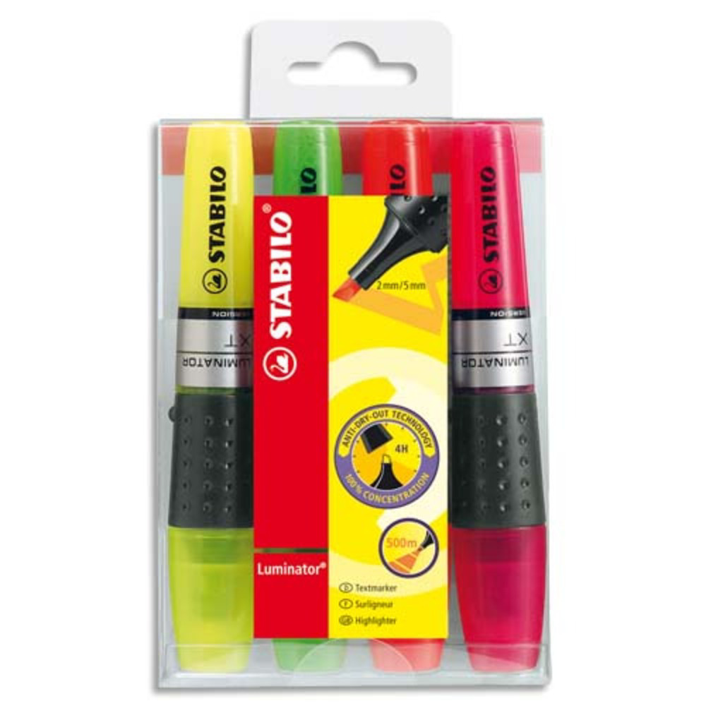 STABILO LUMINATOR surligneur pointe biseaute - Pochette de 4 surligneurs fluo - Jaune/Vert/Orange/Rose