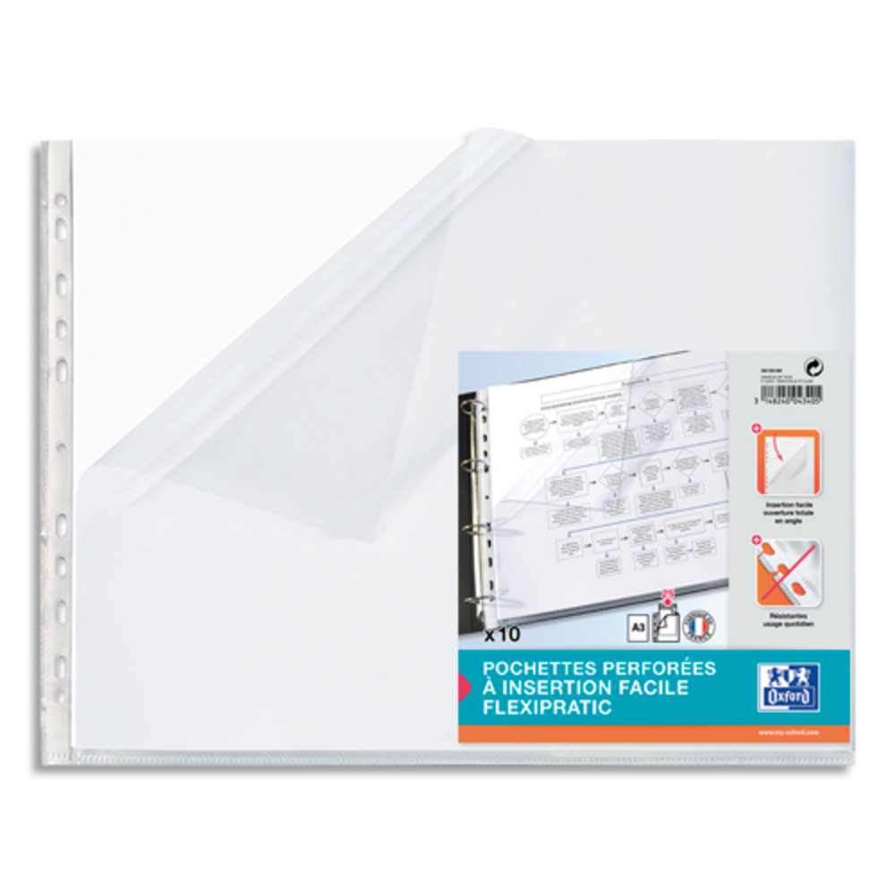 OXFORD Sachet de 10 pochettes perforees en polypro lisse 9/100e,ouverture totale sur ct. Format A3