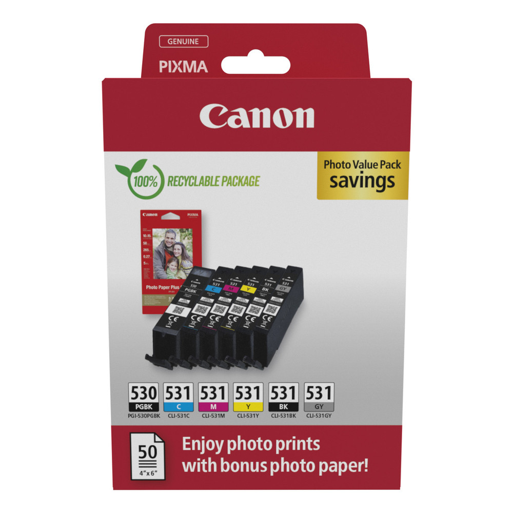 Canon PGI-530/CLI-531 PVP, Noir, Cyan, Gris, Magenta, Photo noire, Jaune, 6 pièce(s), Pack de valeur de photo 6117C004