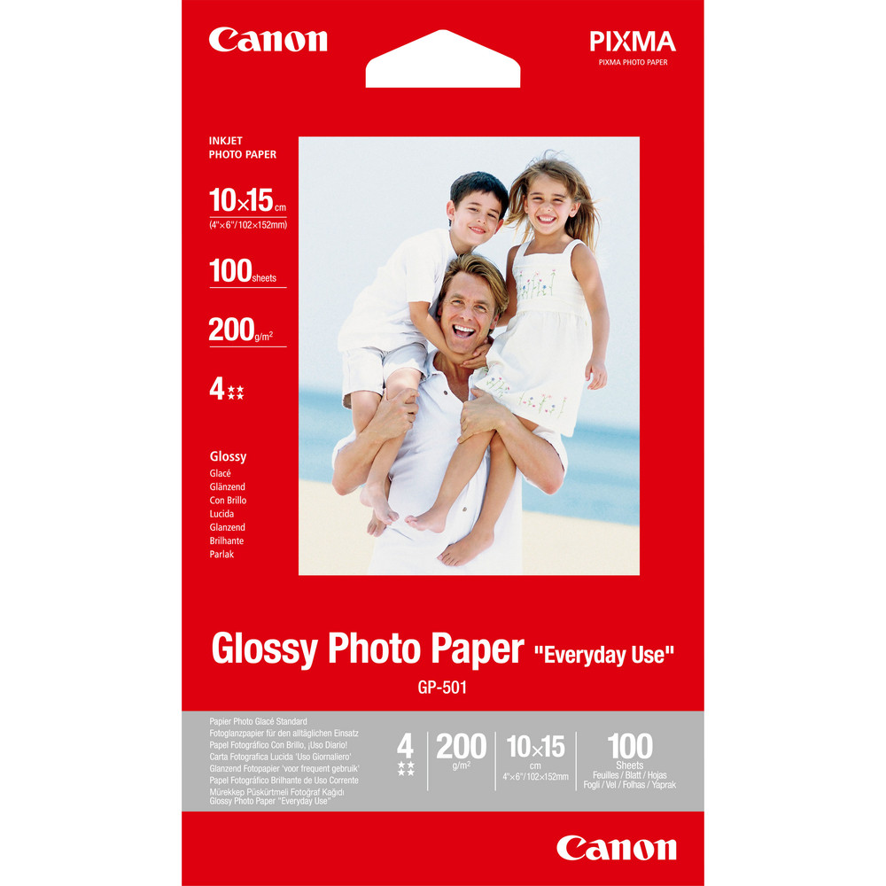 Canon Papier photo brillant 4  6 po (10  15 cm) GP-501 - 100 feuilles, Gloss, 210 g/m, 100 feuilles, 210 m, 100 mm, 150 mm 0775B003