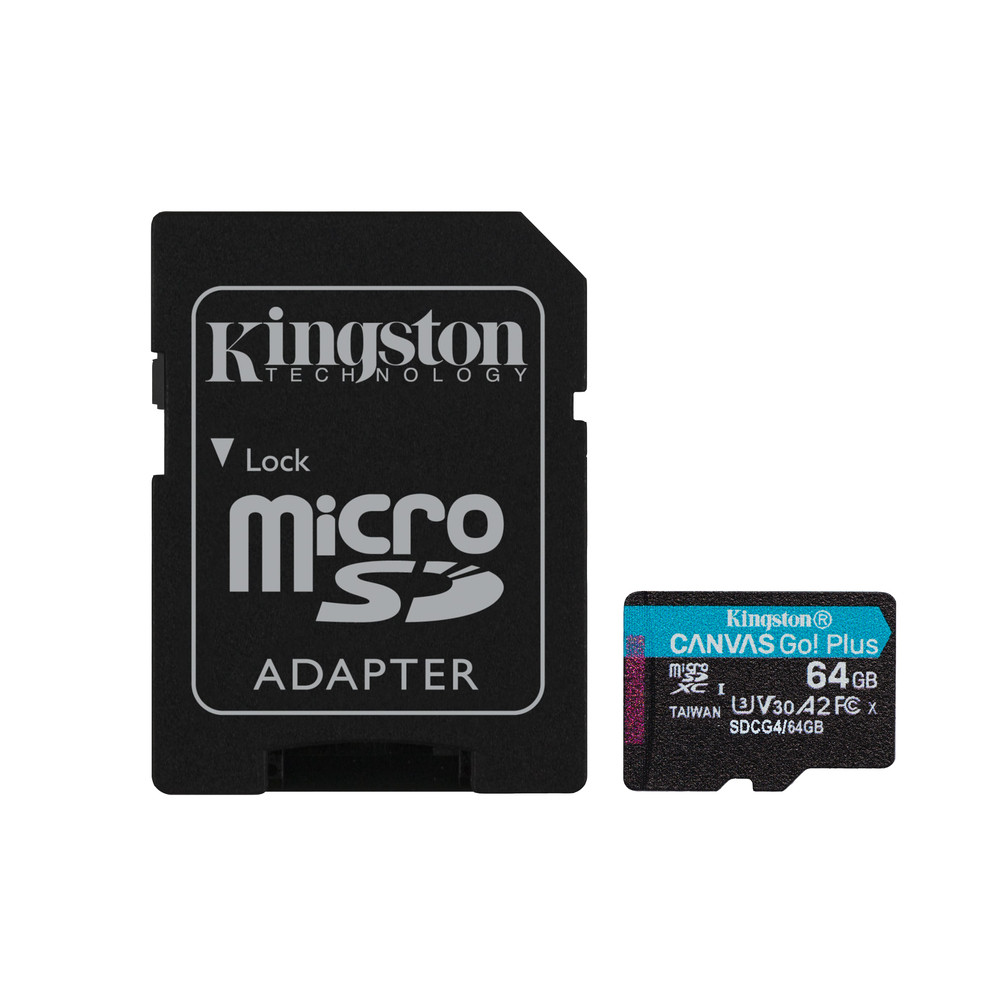 Kingston Technology Carte microSDXC Canvas Go Plus Gen4 200 Mo/s A2 U3 V30 64 Go + adaptateur, 64 Go, MicroSD, Classe 10, UHS-I, 200 Mo/s, Class 3 (U3