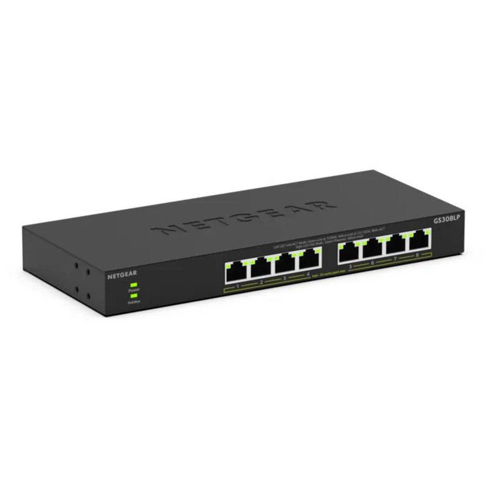 NETGEAR GS308LP, Non-géré, Gigabit Ethernet (10/100/1000), Connexion Ethernet, supportant l'alimentation via ce port (PoE), Grille de montage, Bureau,