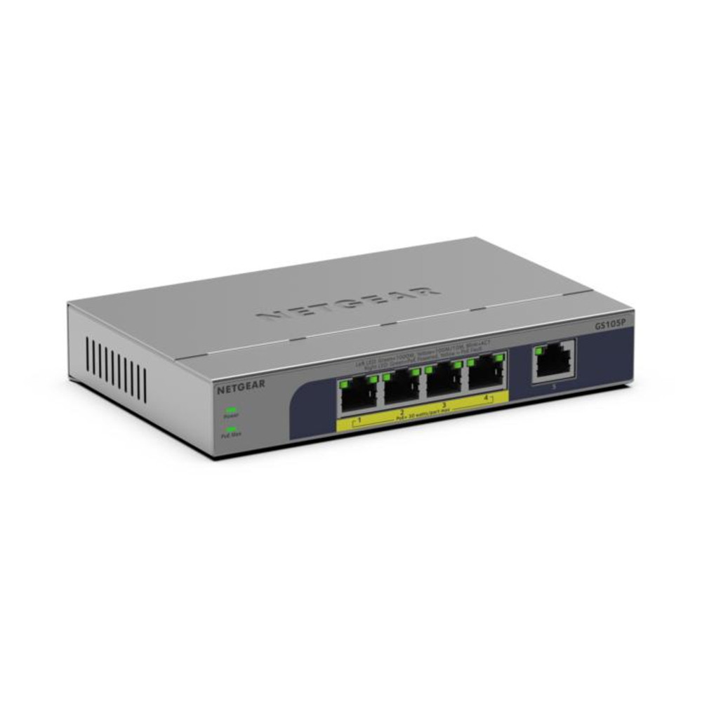NETGEAR GS105P, Non-géré, Gigabit Ethernet (10/100/1000), Full duplex, Connexion Ethernet, supportant l'alimentation via ce port (PoE), Montage sur le