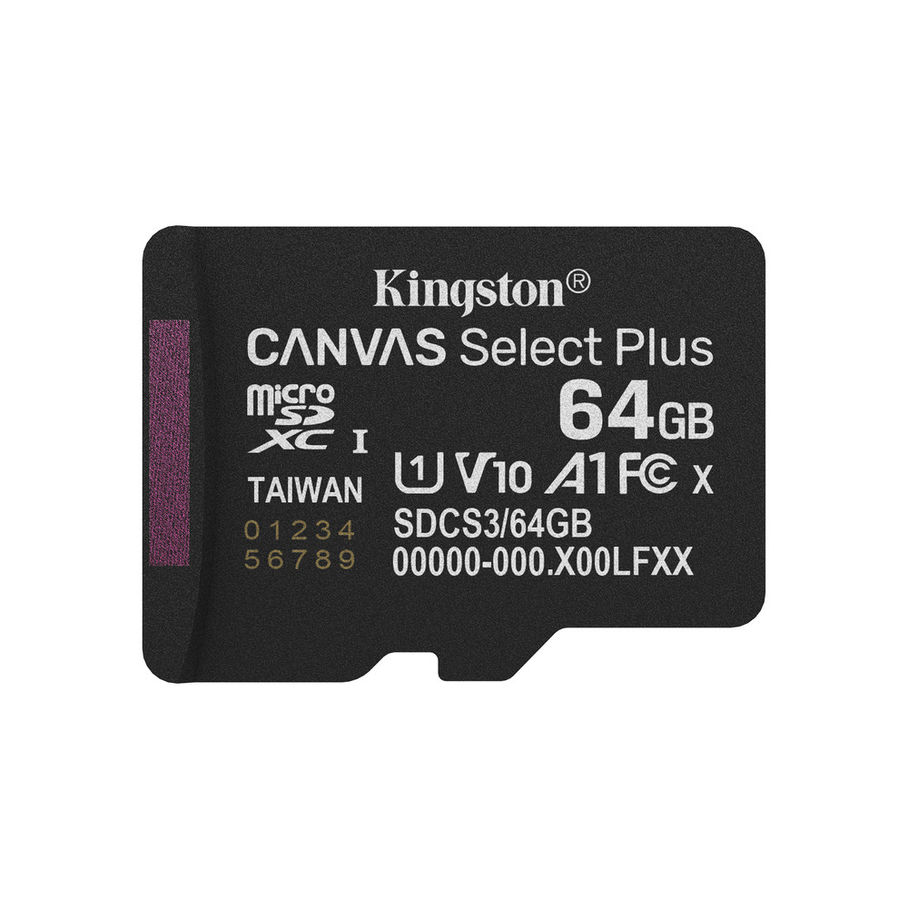 Kingston Technology 64GB micSDXC Canvas Select Plus Gen3 100R A1 (Adaptateur SD non inclus), 64 Go, MicroSDXC, Classe 10, UHS-I, 100 Mo/s, Class 1 (U1