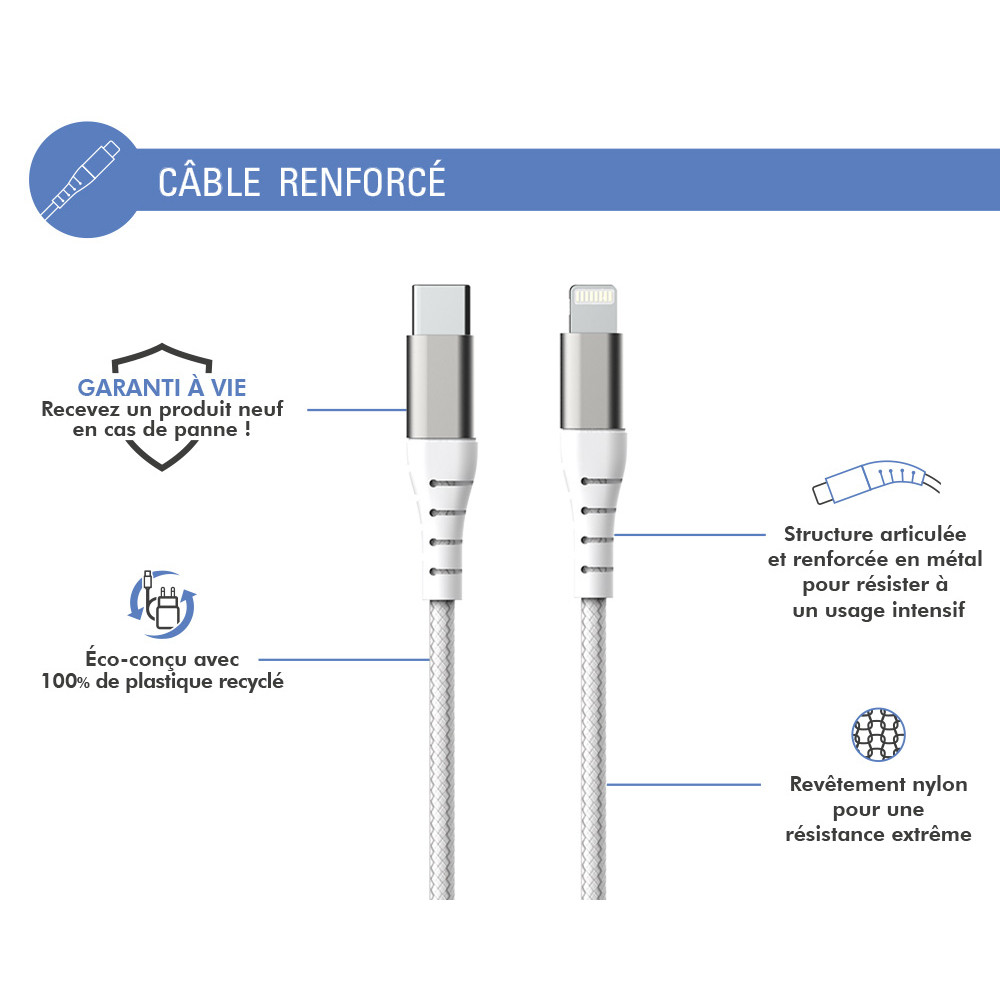 BIG BEN FPLICMFI2MRW, 2 m, Lightning, USB C, Mâle, Mâle, Blanc