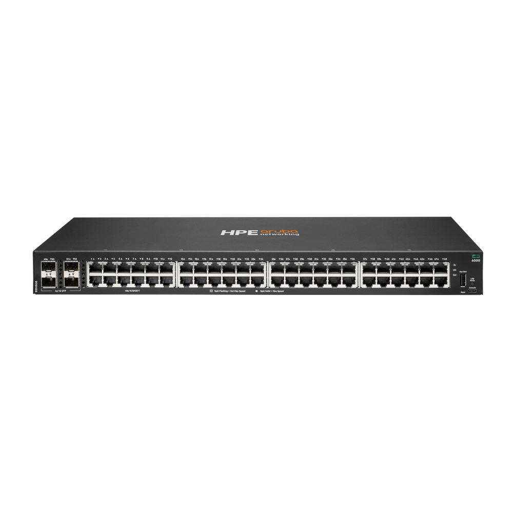 HPE Aruba Networking CX 6000 48p 10M/100M/1G 4p SFP 1G Switch, Géré, L2/L3, Gigabit Ethernet (10/100/1000), Grille de montage, 1U R8N86B#ABB