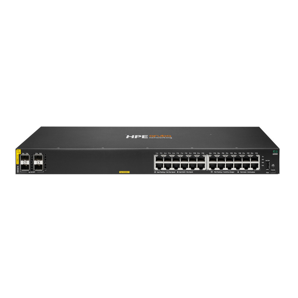 HPE Aruba Networking CX 6000 24p 10M/100M/1G Class4 PoE 4p SFP 1G 370W Switch, Géré, L3, Gigabit Ethernet (10/100/1000), Connexion Ethernet, supportan