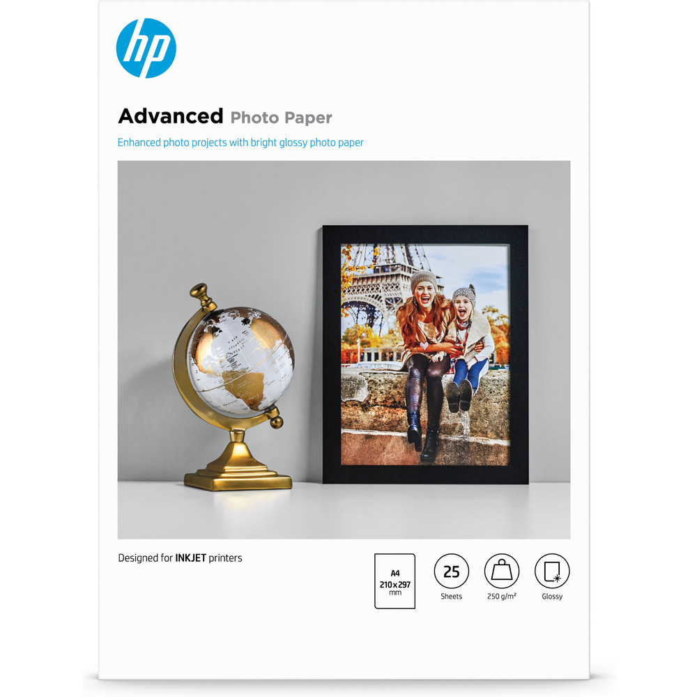 HP Papier photo  finition glace Advanced, 250 g/m2, A4 (210 x 297 mm), 25 feuilles, Gloss, 250 g/m, A4, Noir, Bleu, Blanc, 25 feuilles, Professionn