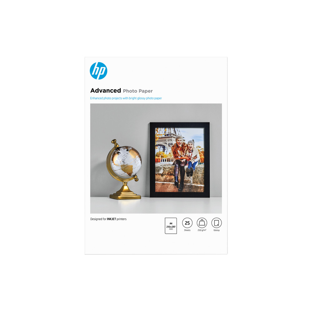 HP Papier photo à finition glacée Advanced, 250 g/m2, A4 (210 x 297 mm), 25 feuilles, Gloss, 250 g/m², A4, Noir, Bleu, Blanc, 25 feuilles, Professionn