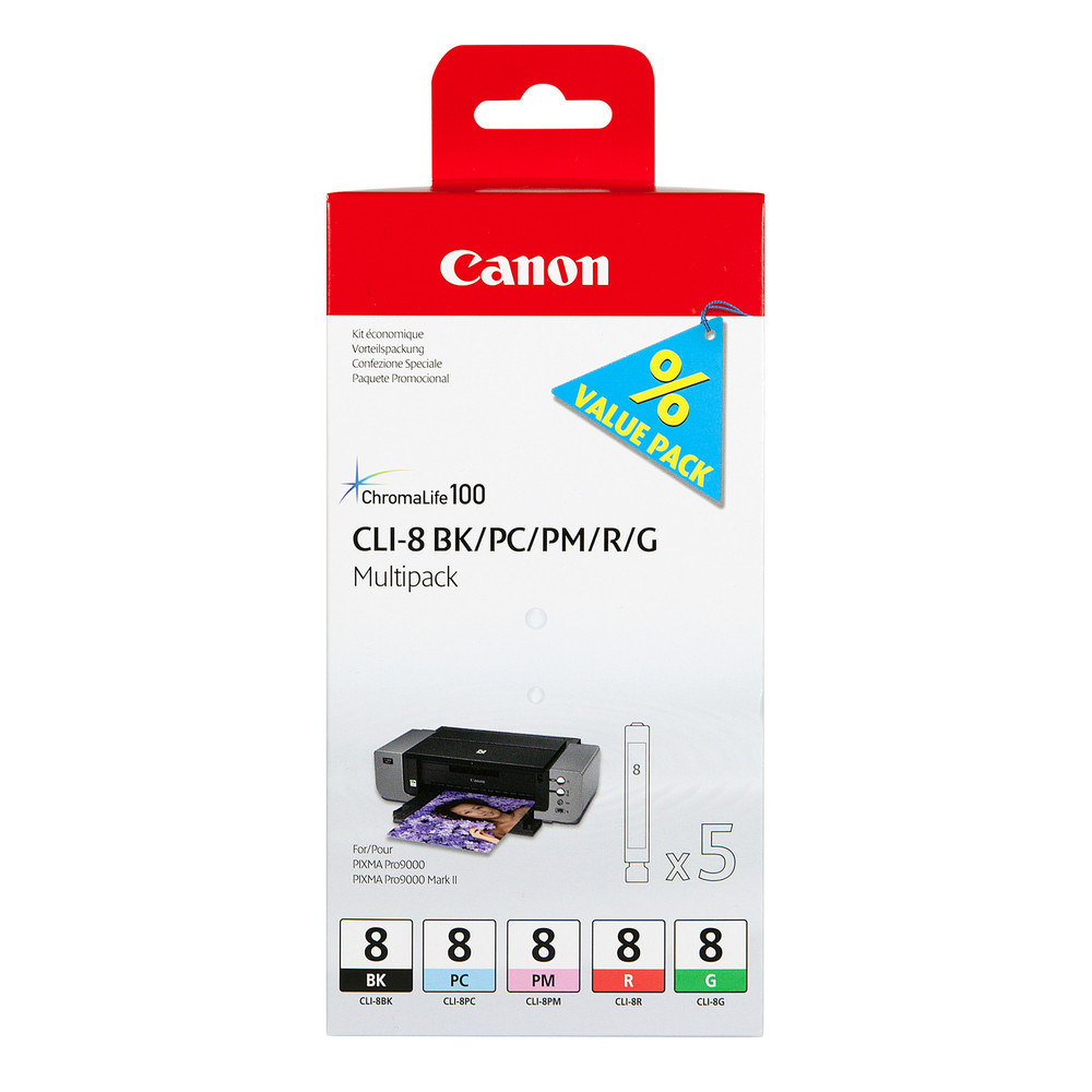 Canon Multipack de 5 cartouches d'encre CLI-8 BK/PC/PM/R/G, Photo cyan, Photo magenta, Encre à colorant, 5 pièce(s), Multi pack 0620B027