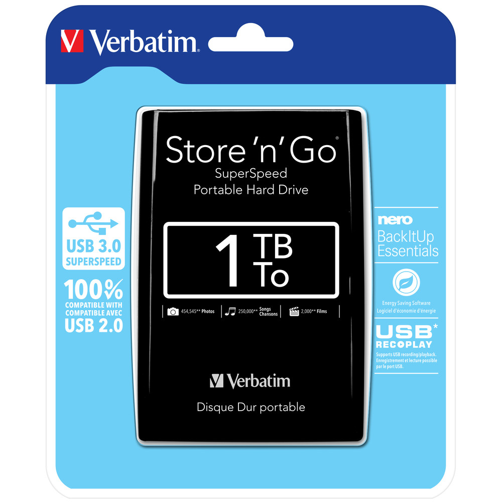 Verbatim Disque dur portable USB Store 'n' Go 3.0, 1 To, noir, 1000 Go, 2.5', 5400 tr/min, Noir 53023
