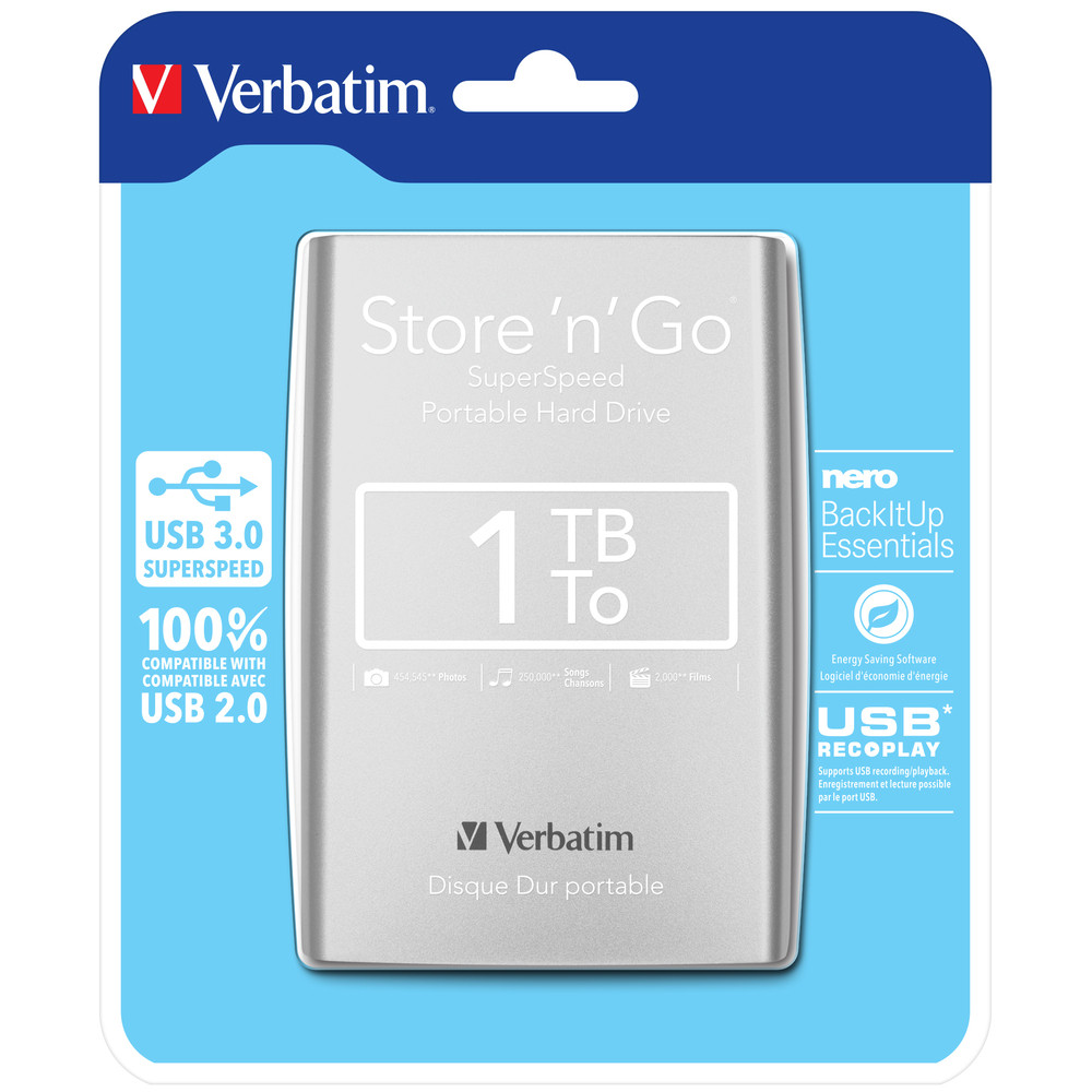 Verbatim Disque dur portable USB Store 'n' Go 3.0, 1 To, Argenté, 1000 Go, 2.5', 3.2 Gen 1 (3.1 Gen 1), Argent 53071