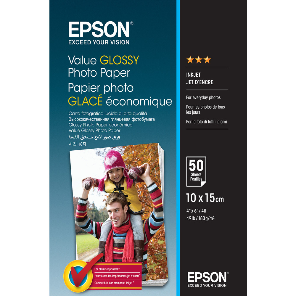 Epson Value Glossy Photo Paper - 10x15cm - 50 Feuilles, Gloss, 183 g/m, 10x15 cm, Office printing, calendrier, Photo collage, Photo gifts, Photo, Car
