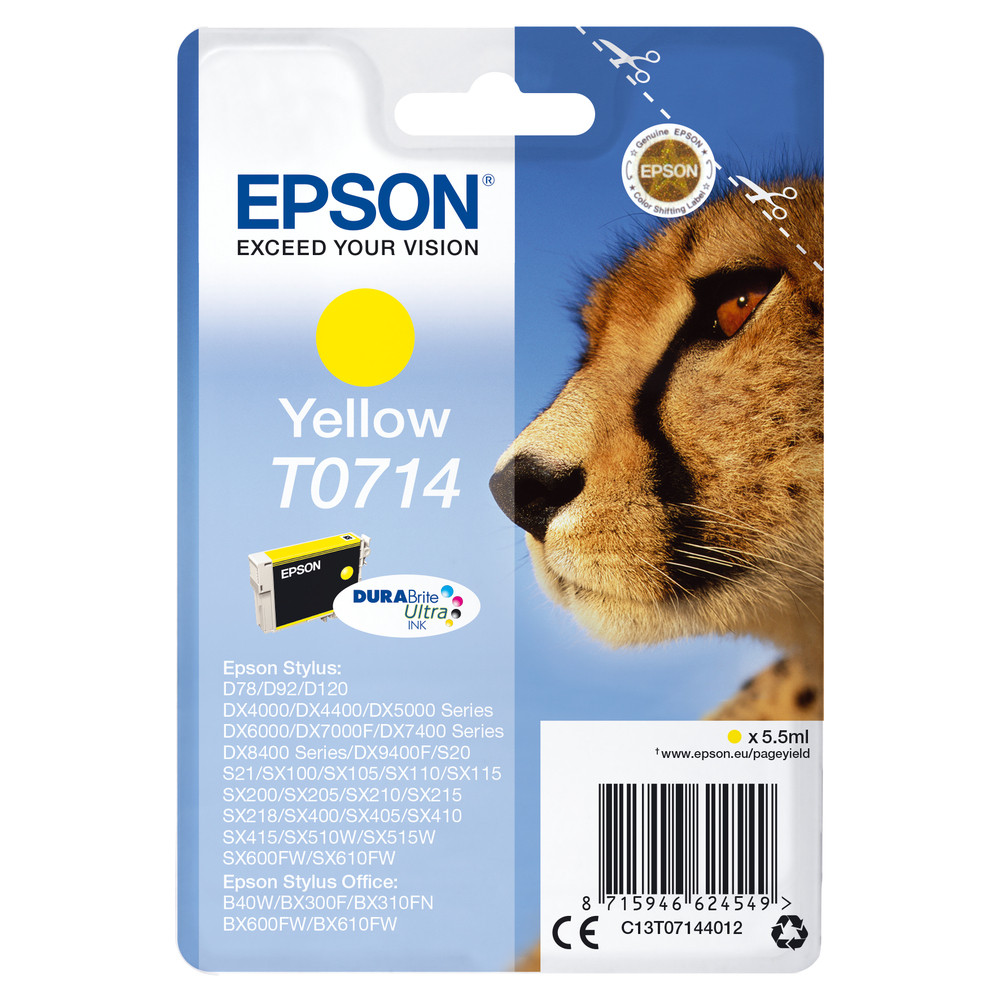 Epson Singlepack Yellow T0714 DURABrite Ultra Ink, Encre à pigments, 5,5 ml, 480 pages, 1 pièce(s) C13T07144022