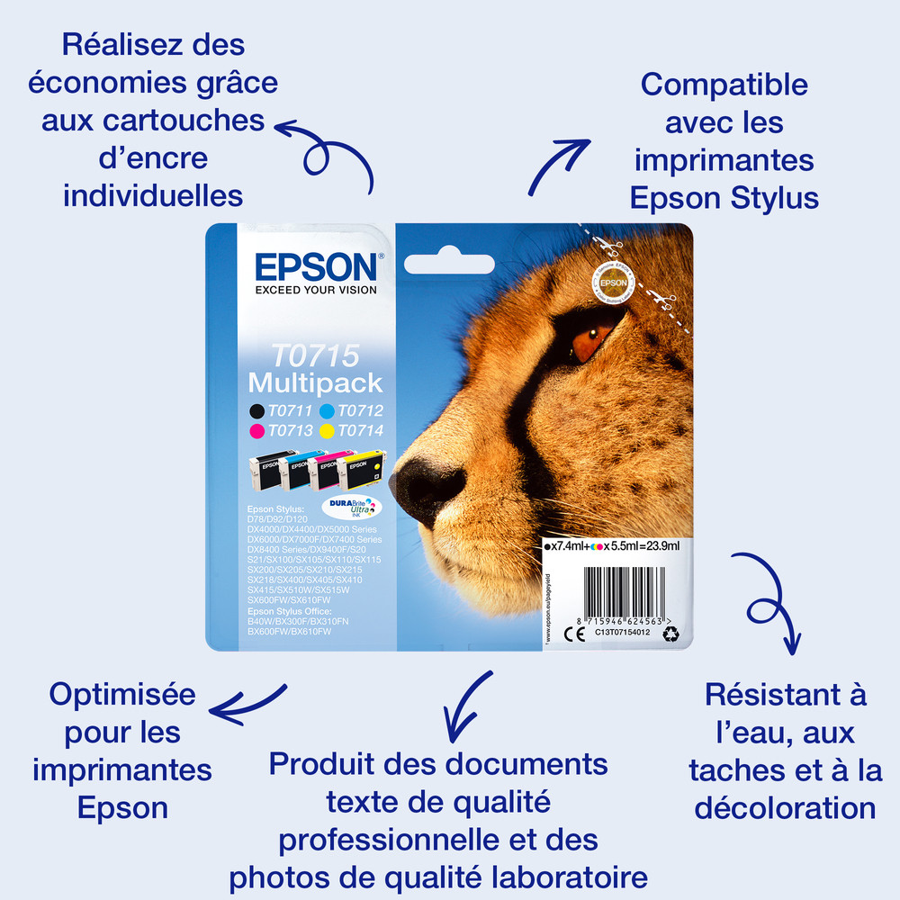 Epson Multipack 4-colours T0715 DURABrite Ultra Ink, Noir, Cyan, Magenta, Jaune, 7,4 ml, 5,5 ml, 1 pièce(s), Multi pack C13T07154022
