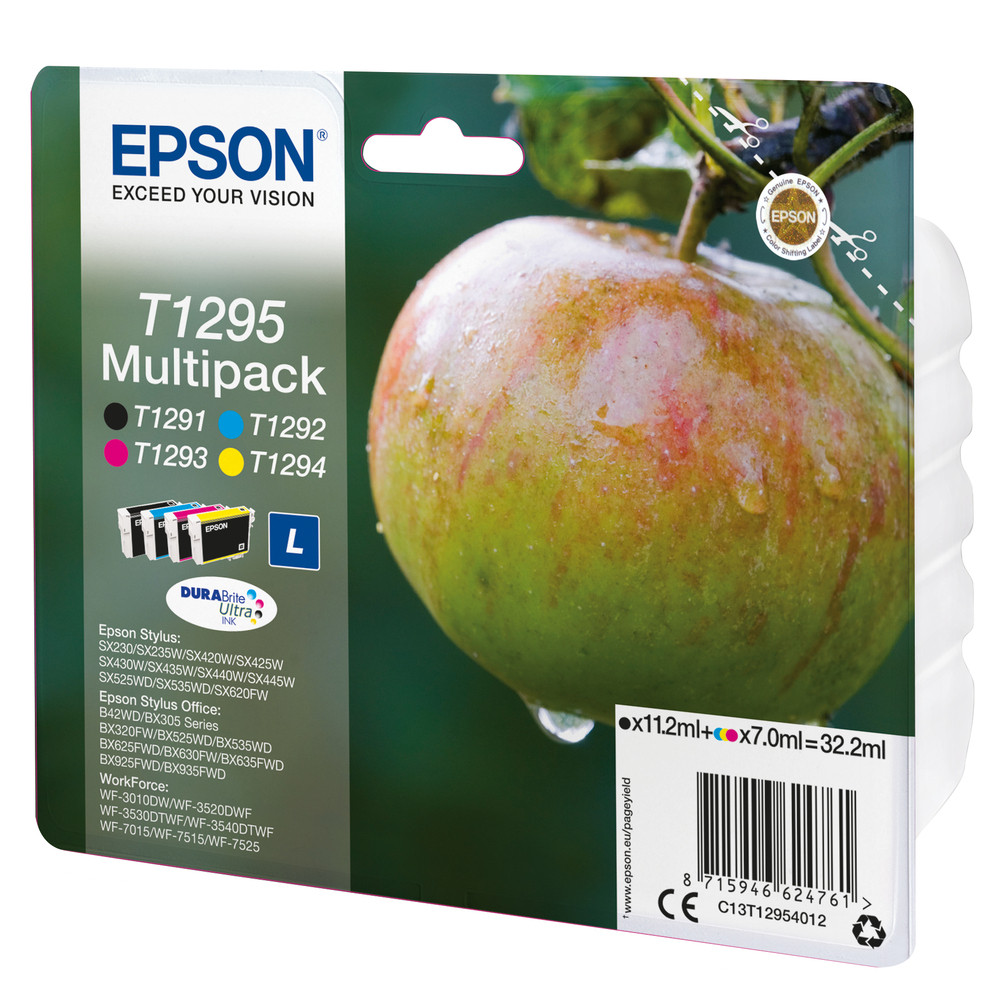 Epson Apple Encre DURABrite Ultra multipack 4 couleurs Pomme T1295, Noir, Cyan, Magenta, Jaune, 11,2 ml, 7 ml, 1 pièce(s), Multi pack C13T12954022