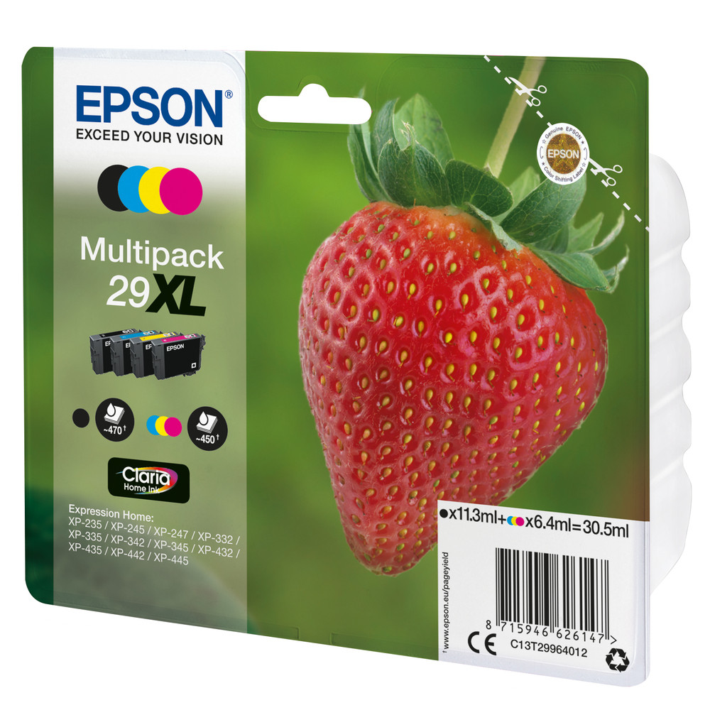 Epson Strawberry Multipack 'Fraise' 29XL - Encre Claria Home N,C,M,J, Noir, Cyan, Magenta, Jaune, 11,3 ml, 6,4 ml, 1 pièce(s), 470 pages, Multi pack C
