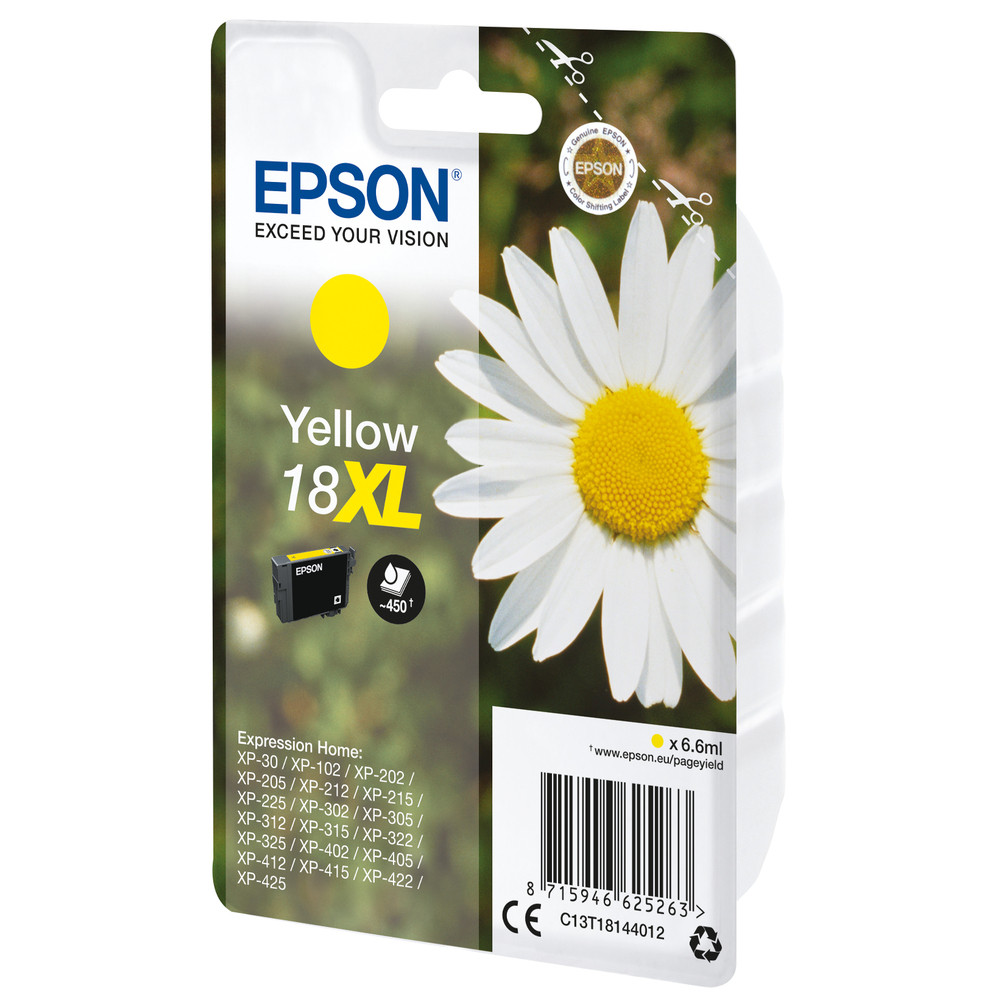 Epson Daisy Encre jaune Claria Home Pâquerette 18XL, High (L) Yield, Jaune, Encre à pigments, 6,6 ml, 1 pièce(s), Paquet unique C13T18144012