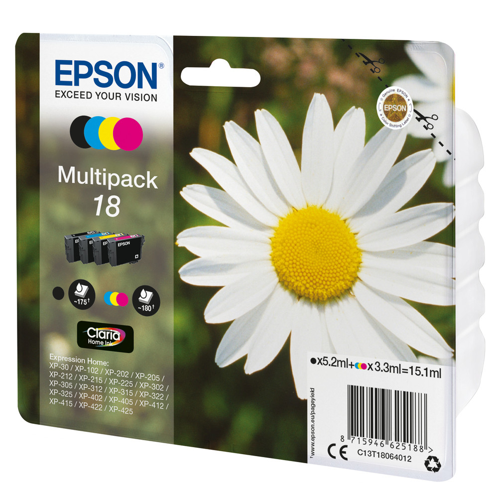 Epson Daisy Multipack 'Pâquerette' 18 - Encre Claria Home N,C,M,J, Noir, Cyan, Magenta, Jaune, 5,2 ml, 3,3 ml, 1 pièce(s), 175 pages, Multi pack C13T1