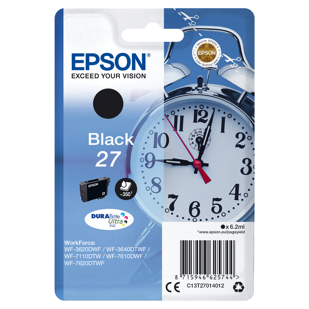 Epson Alarm clock Cartouche 'Réveil' 27 - Encre DURABrite Ultra N, Rendement standard, Encre à pigments, 6,2 ml, 350 pages, 1 pièce(s) C13T27014012