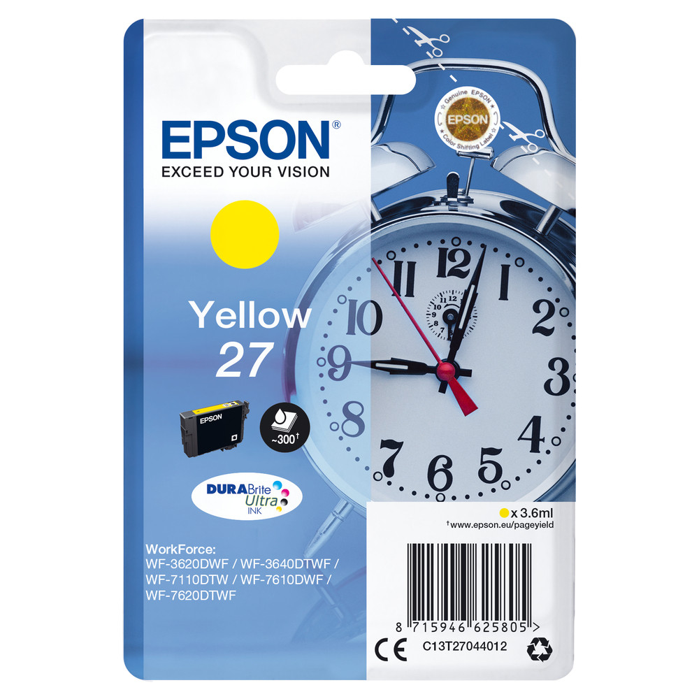 Epson Alarm clock Cartouche 'Réveil' 27 - Encre DURABrite Ultra J, Rendement standard, Encre à pigments, 3,6 ml, 300 pages, 1 pièce(s) C13T27044012