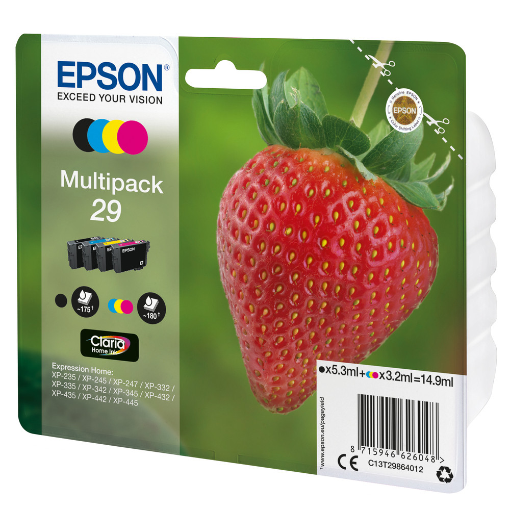 Epson Strawberry Multipack 'Fraise' 29 - Encre Claria Home N,C,M,J, Noir, Cyan, Magenta, Jaune, 5,3 ml, 3,2 ml, 1 pièce(s), 175 pages, Multi pack C13T