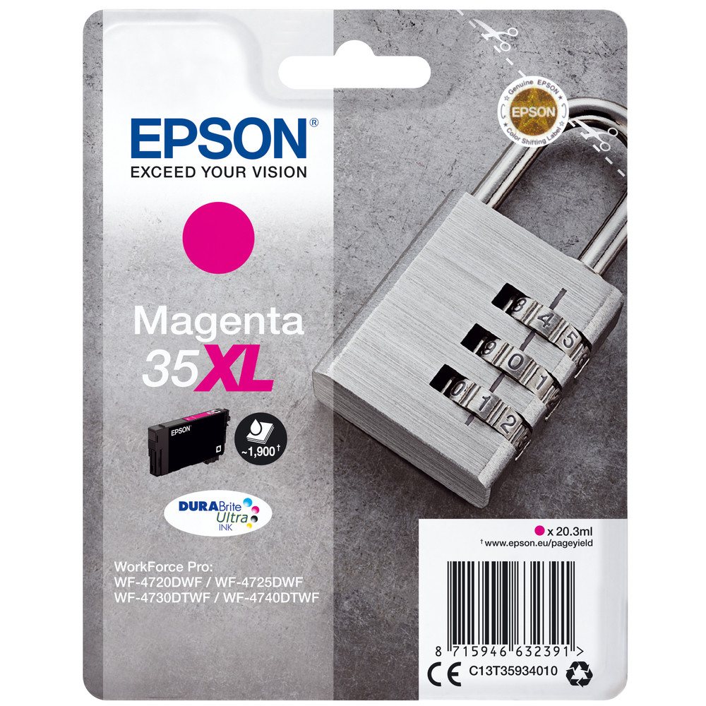 Epson Padlock Singlepack Magenta 35XL DURABrite Ultra Ink, Rendement élevé (XL), Encre à pigments, 20,3 ml, 1900 pages, 1 pièce(s) C13T35934010