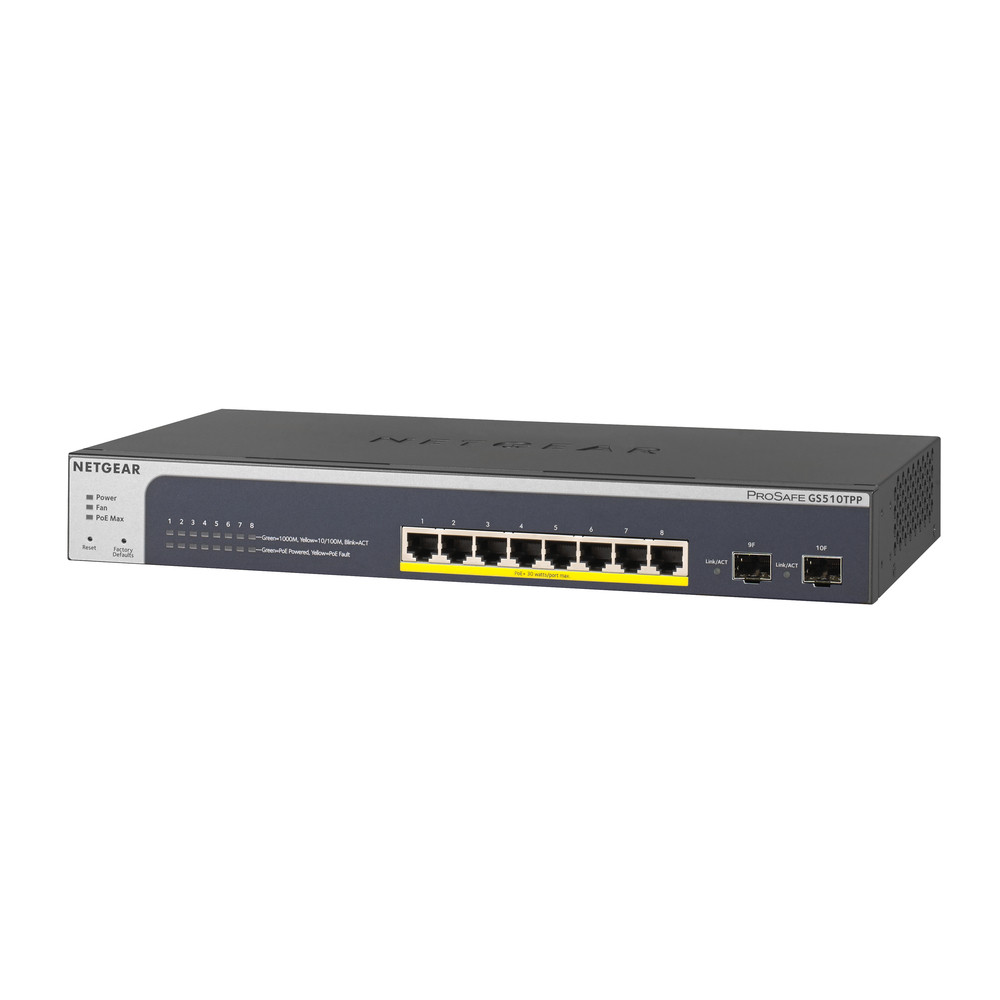 Netgear GS510TPP, Géré, L2/L3/L4, Gigabit Ethernet (10/100/1000), Connexion Ethernet, supportant l'alimentation via ce port (PoE) GS510TPP-100EUS