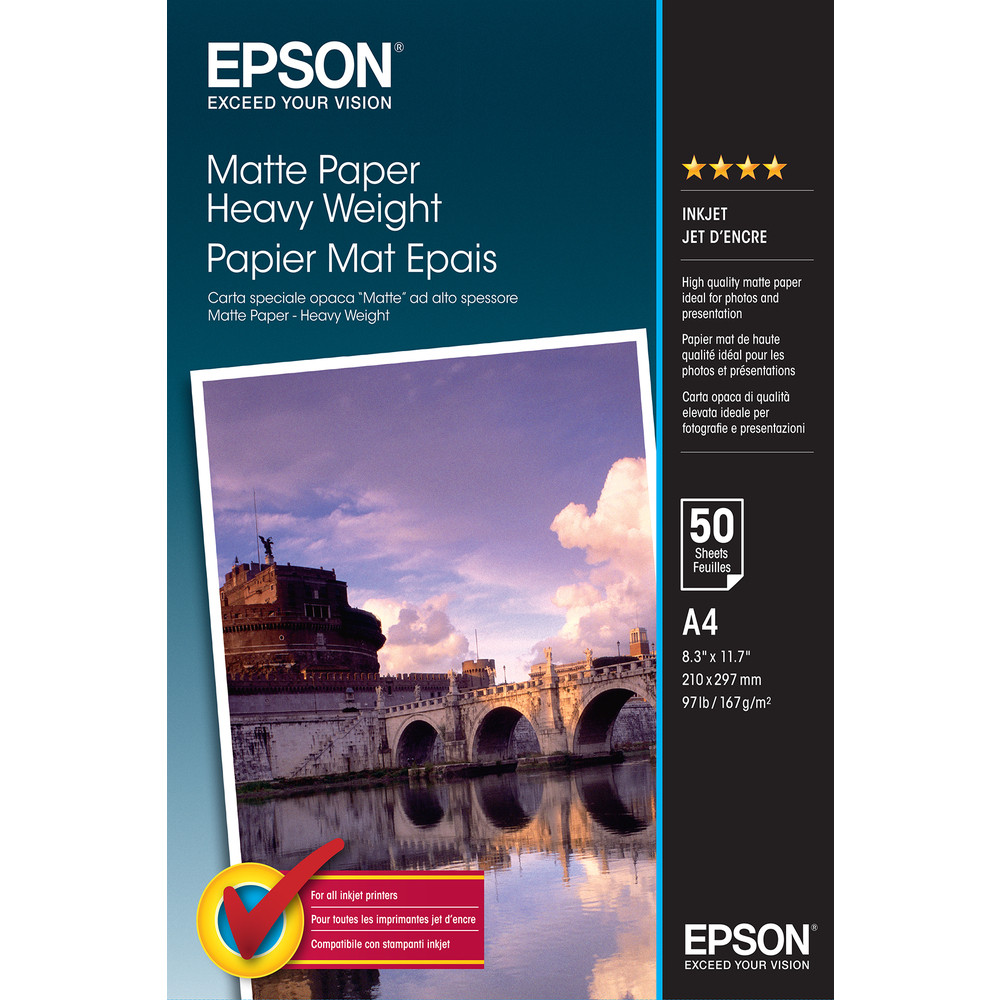 Epson Matte Paper Heavy Weight - A4 - 50 Feuilles, Mat, 167 g/m, A4, Blanc, 50 feuilles, WorkForce WF-7620DTWF WorkForce WF-7610DWF WorkForce WF-7110