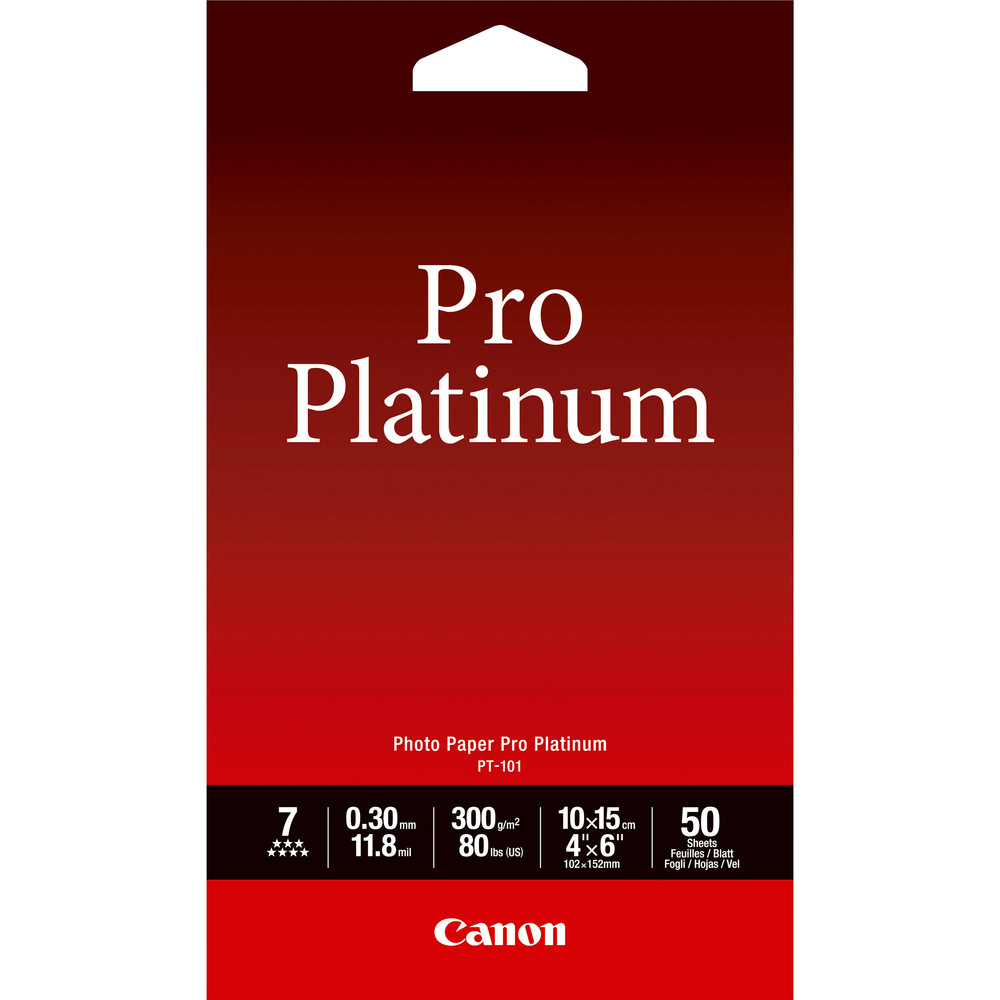 Canon Papier photo 4  6' (10  15 cm) Pro Platinum PT-101 - 50 feuilles, 300 g/m, 11.8 m, 50 feuilles, 4' x 6', 98 % 2768B014