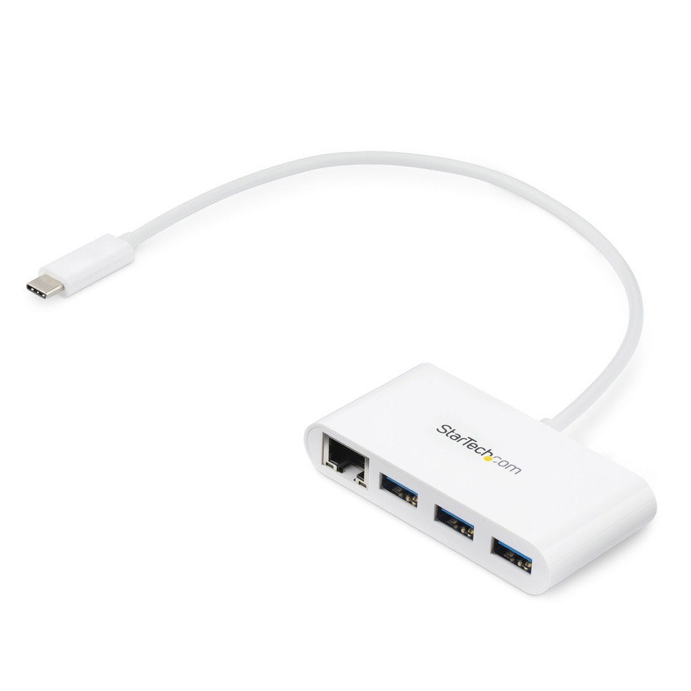 StarTech.com Hub USB-C à 3 ports avec Gigabit Ethernet - USB 3.0 (5Gbps) - USB-C vers 3x USB-A - Blanc, Avec fil, USB, Ethernet, 1000 Mbit/s, Blanc HB