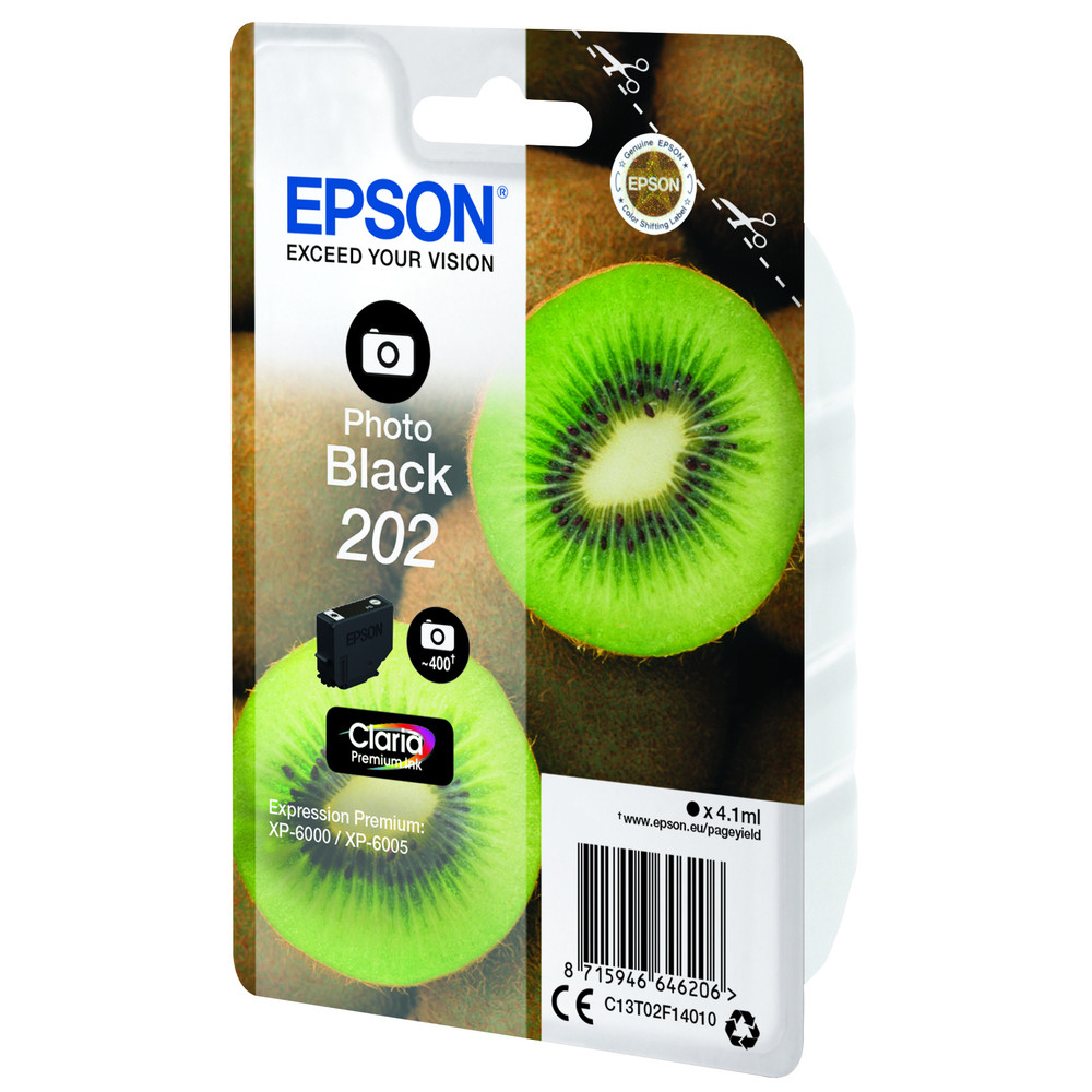 Epson Kiwi Singlepack Photo Black 202 Claria Premium Ink, Rendement standard, Photo noire, Encre à colorant, 4,1 ml, 1 pièce(s), 400 pages C13T02F1402