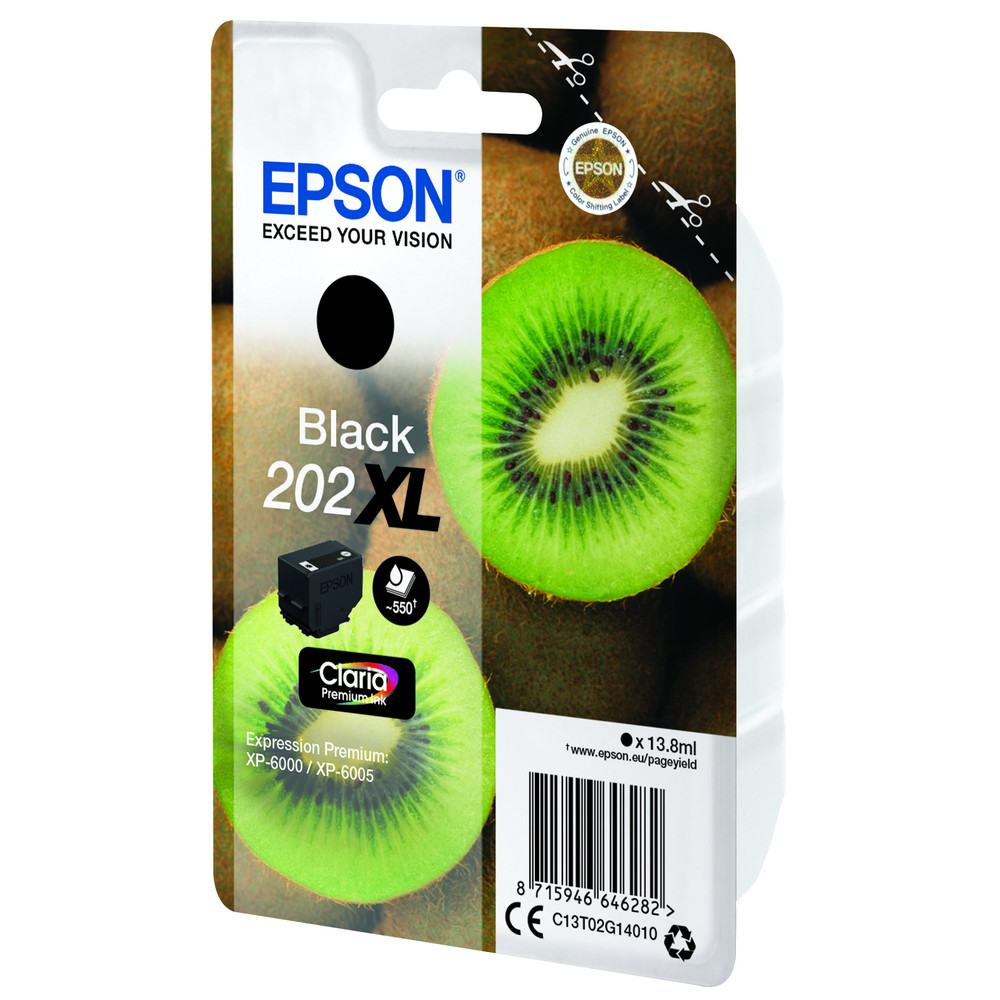 Epson Kiwi Singlepack Black 202XL Claria Premium Ink, High (L) Yield, Noir, Encre à pigments, 13,8 ml, 1 pièce(s), 550 pages C13T02G14010