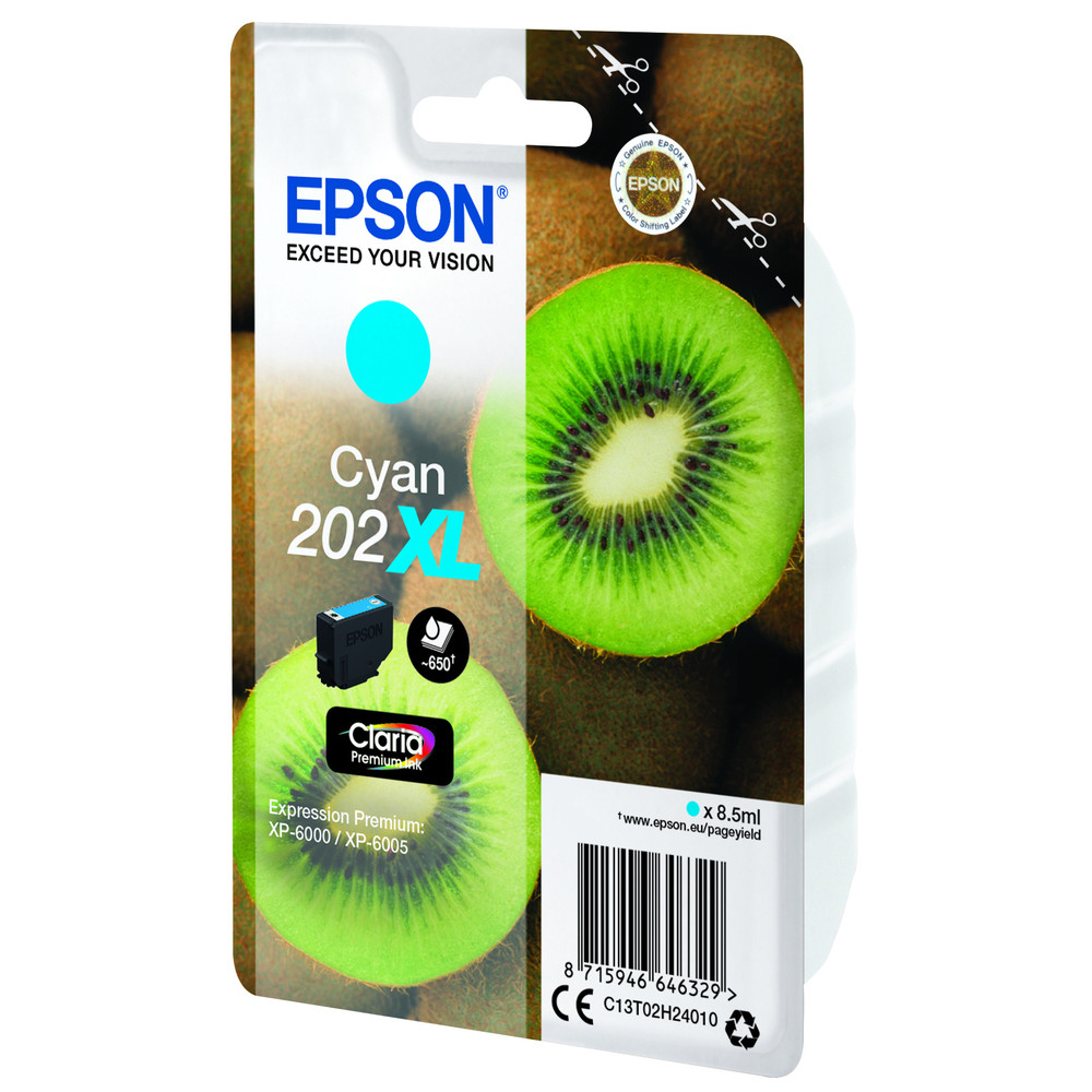 Epson Kiwi Singlepack Cyan 202XL Claria Premium Ink, Rendement élevé (XL), Cyan, 8,5 ml, 1 pièce(s), 650 pages C13T02H24010